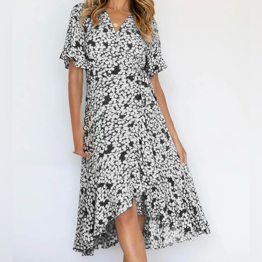 Black & White Floral Wrap Midi Dress